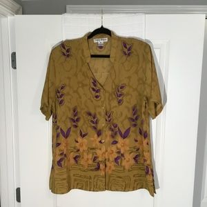 Trendy Women Button Down V- Neck Blouse Tan/ Purple Size 3X